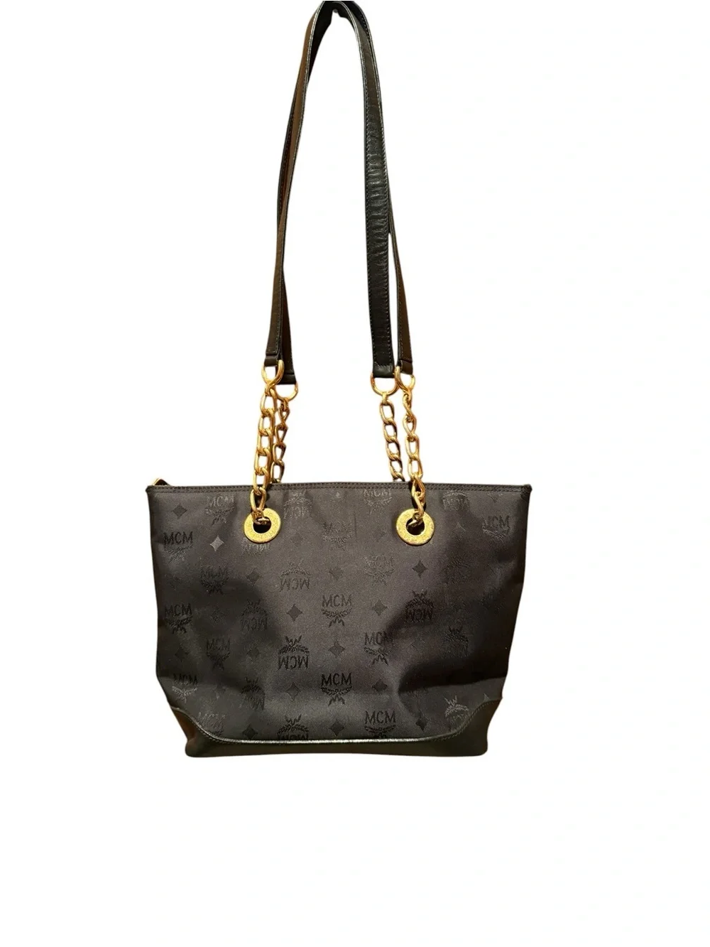 MCM Black Logo Tote with Gold Chain Straps